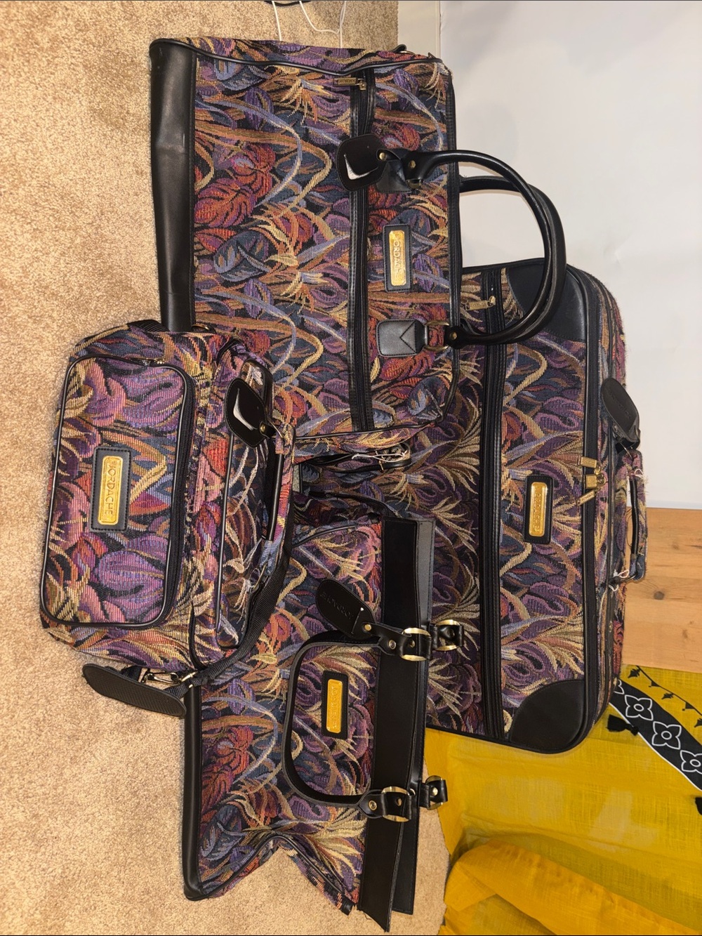 Jordache Vintage Multi Floral Tapestry Travel Bag Set with Black Trim
